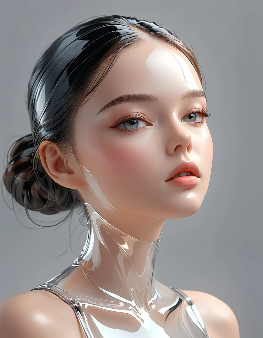 Beautiful girl, Transparent glass 3D portrait, Highly detailed and intricate facial features, glowing skin, minimalist style, Warm white and black color tones, gray background, Crystalline high gloss finish, masterpiece, best quality, 8k, very detailed, realistic, photo-realistic