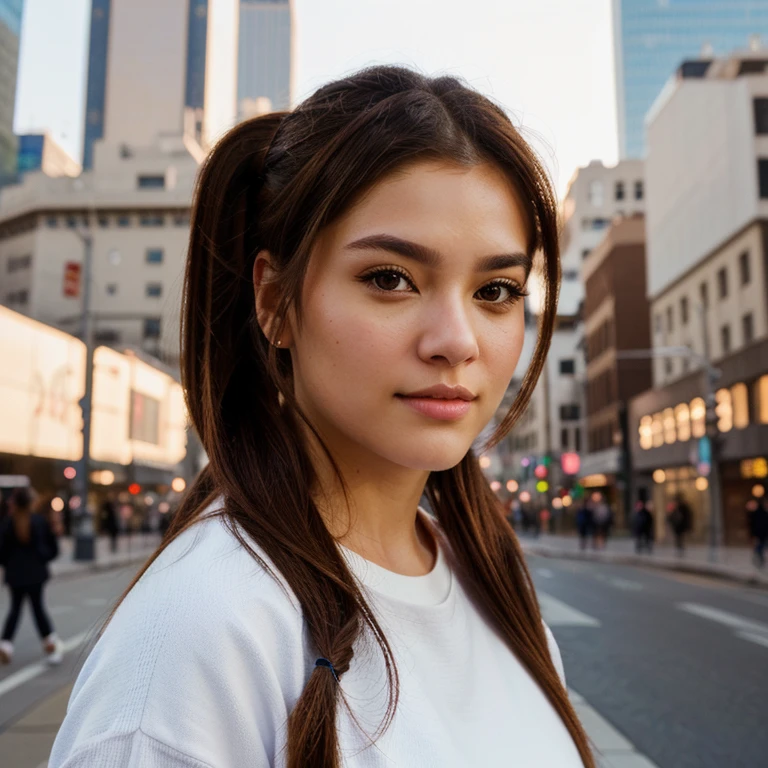 photo realistic portrait of a mega cutie in a mega city, brown eyes, brown hair, pony tail