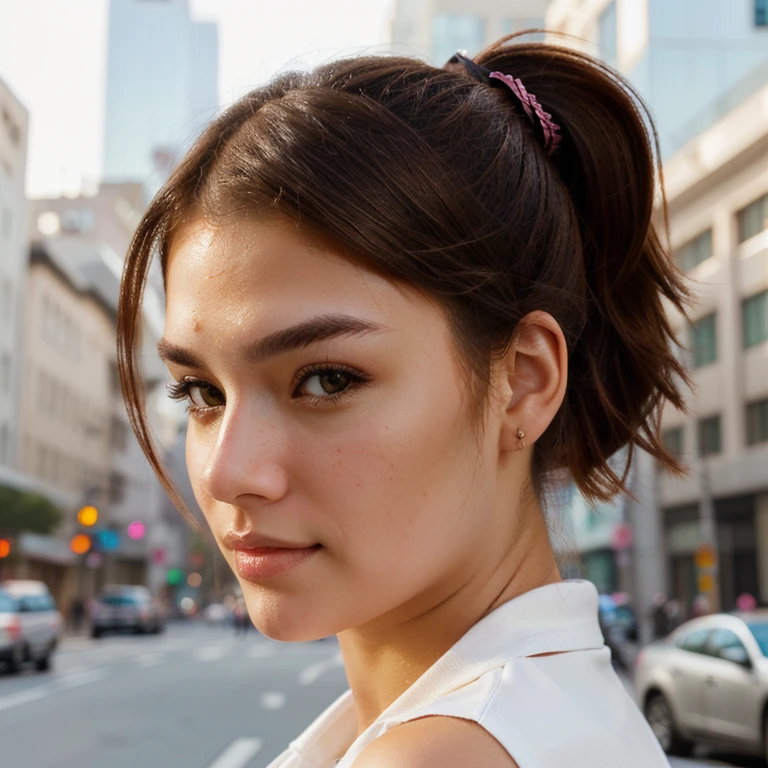 photo realistic portrait of a mega cutie in a mega city, brown eyes, brown hair, pony tail