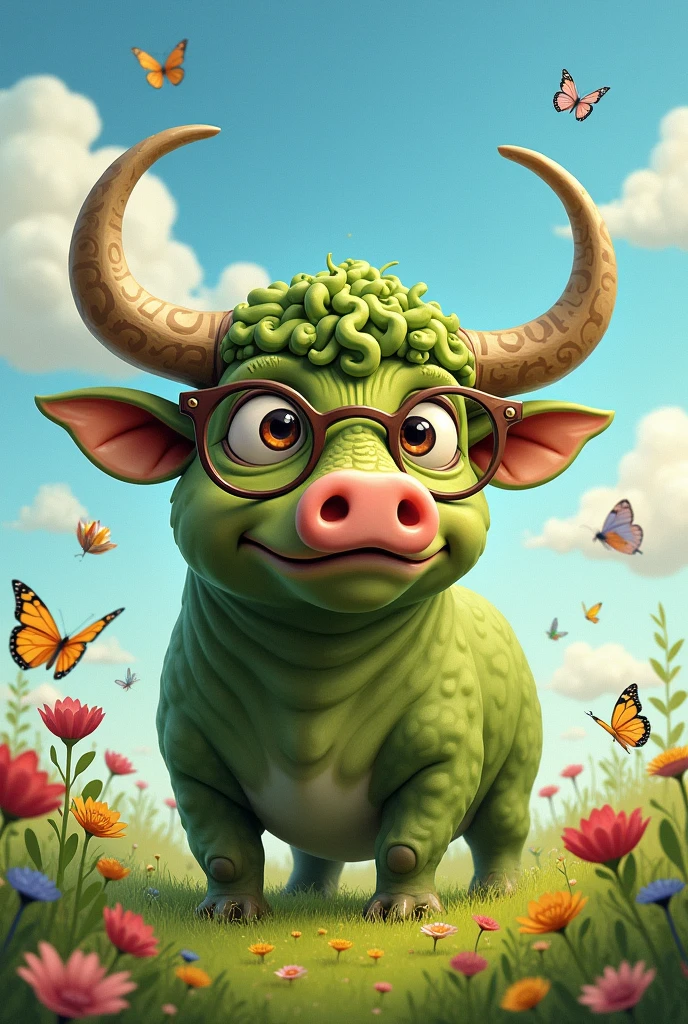 Bull with a toad face,big horns,piglet nose and glasses