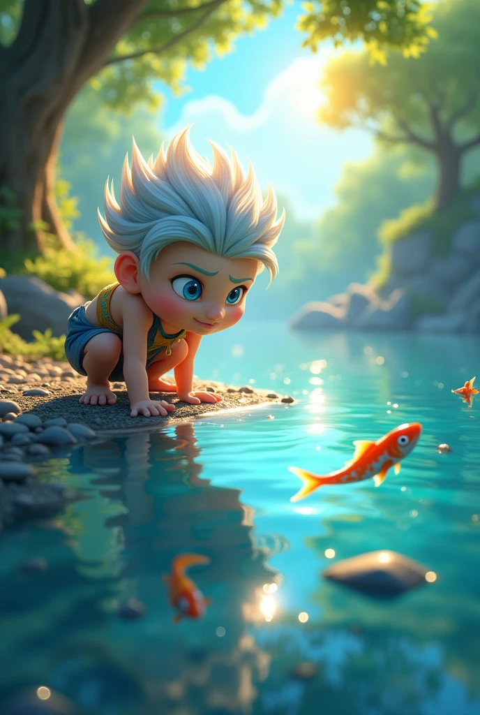 Cloud crouched near a riverbank, focusing intently on the water. The river is clear, and you can see the shadows of fish swimming close to the surface. 3d animation Disney