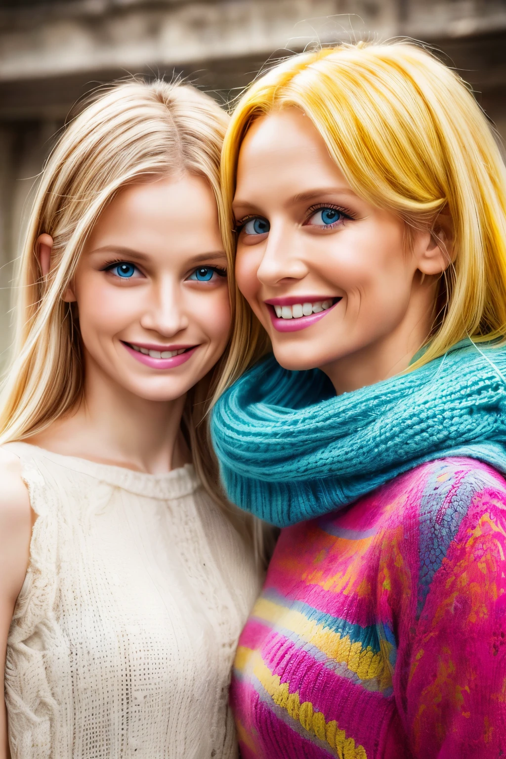 A mother and daughter yellow hair blue eyes on a magazine cover, vibrant colors, high-resolution, realistic portrayal, fashion-forward, loving bond, trendy attire, captivating smiles, natural beauty, professional lighting, contemporary style, artistic composition