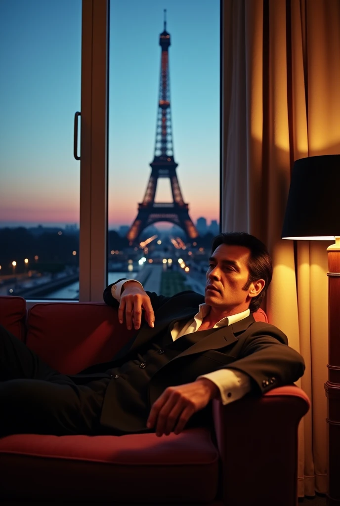 Alain Delon, the famous French actor, is sitting on the couch smoking a cigarette. Part of the wall window faces the Eiffel Tower. Next to him, close to his back, is a lamp on a table. The lamp is made of wood. And the shape of the square in the square with a thin thickness and the lampshade is black and the rectangle is complete