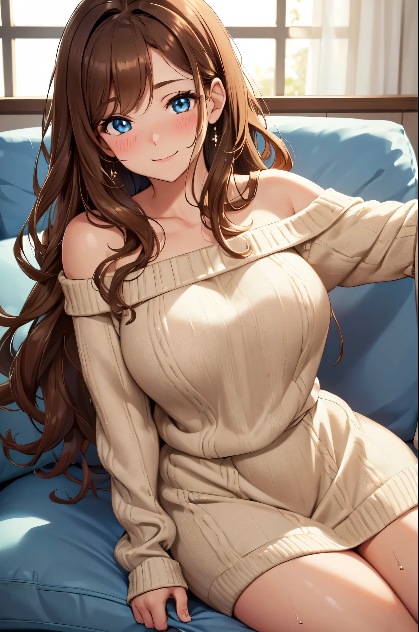 (High quality, High resolution, Fine details), Modern Living Room, off-shoulder sweater, solo, curvy adult women, long wavy light brown hair, sparkling eyes, (Detailed eyes:1.2), smile, blush, Sweat, Oily skin, Soft tones, shallow depth of field