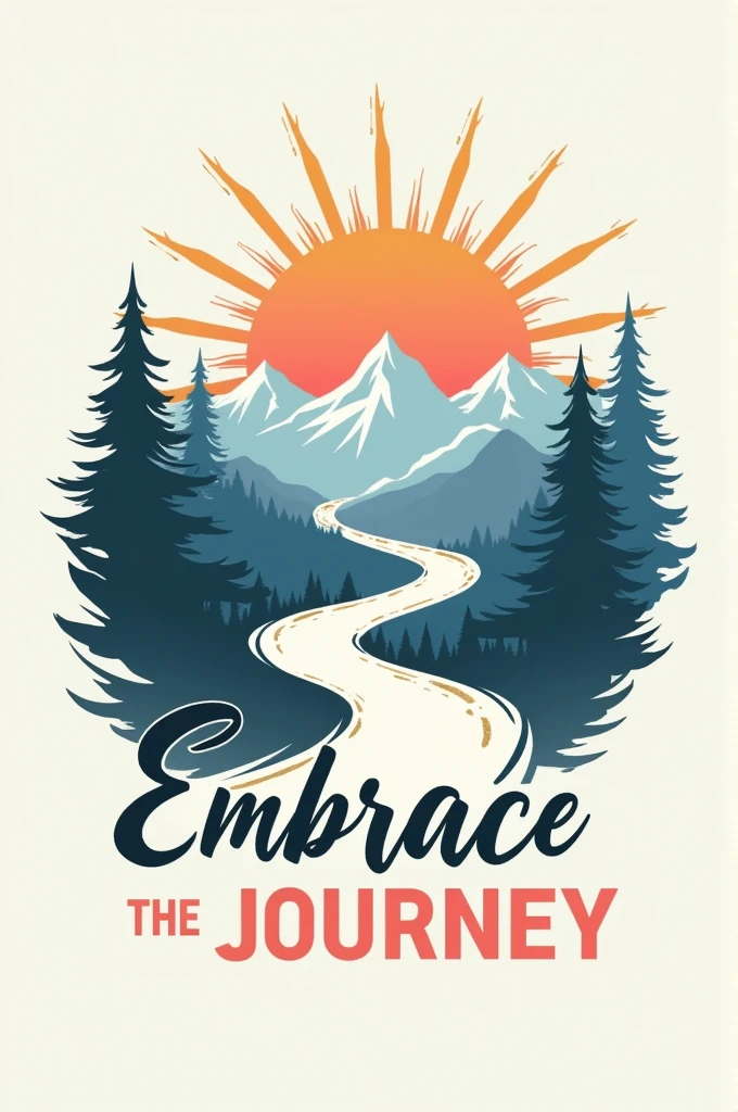 Create a modern and eye-catching T-shirt design featuring the motivational phrase, 'Embrace the Journey.' The design should incorporate elements that evoke a sense of adventure and growth, such as a winding path, mountains, or a rising sun. Use bold, yet elegant typography for the text, ensuring it's the central focus. The color palette should be uplifting, combining soft pastels like sky blue and light coral, with accents of white and gold. The overall style should be minimalistic, but with enough detail to convey a sense of inspiration and positivity. The design should work well on a variety of T-shirt colors, particularly white, light gray, and navy blue.