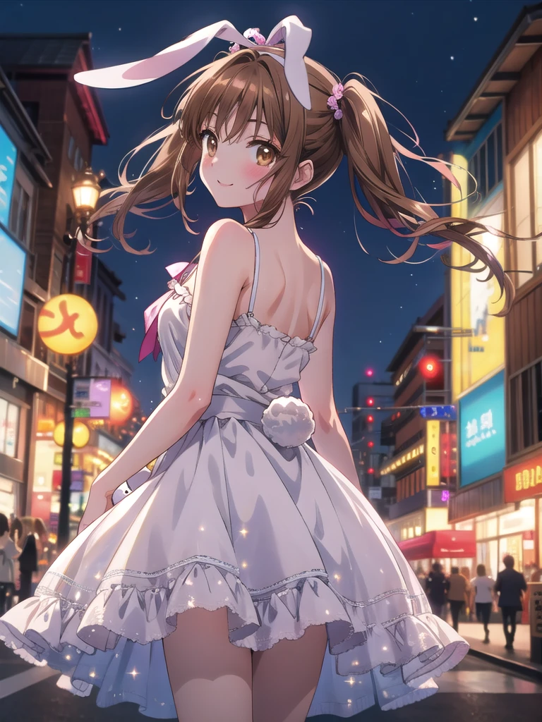 Yumi Fukuzawa、Shiny brown hair,Medium Hair, 、(( High Twintails、rabbit style)),Beautiful brown eyes、Sparkling eyes, fine grain、smile、Very fine eye、Very detailed顔, Very detailed目,Cowboy Shot、
(Photorealistic:1.4, 8k), Highest quality, masterpiece, 超High resolution, Perfect dynamic composition,Highest quality, Very detailed, Very delicate and beautiful, High resolution, Very detailedCG, masterpiece,
((Browsing Caution)),Semi-transparent thin camisole dress,(((Anime Style:2,Mature Woman,Shyness,18-year-old))),
Red face,Downtown street corner at night,passenger,(Areola),Put your arms behind your back,Expose