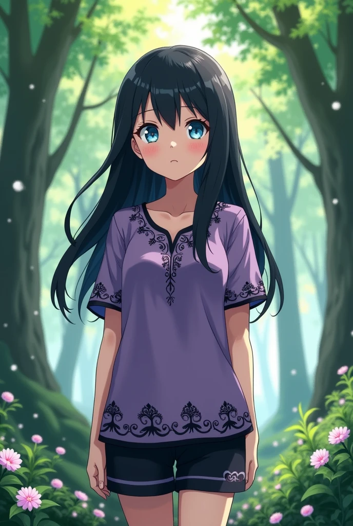 Screenshot, naruto anime style, A girl, medium height, blue eyes, long black hair loose, side bangs, soft pajamas,purple shirt with black details and black shorts, In a forest