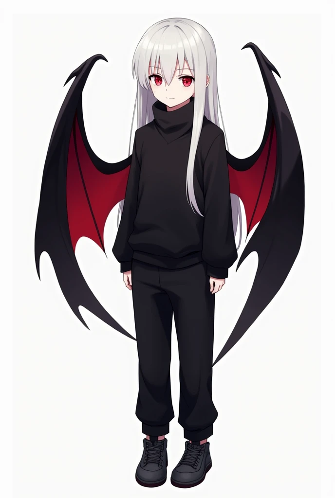 Kizuro is a young boy with a thin and slender body., 1,75 tall, Eyes red, pale skin. He wears a long-sleeved black shirt with a high neck, a black sweatshirt over a shirt, black sweatpants and black sneakers with dark gray soles. Kizuro has black bat wings with red interior on the sides and an extremely feminine face.. His are white and long, reaching past the middle of his back, with strands on each side of the head. Your hair parts into a fringe that covers one of your eyes, more precisely, the left eye.