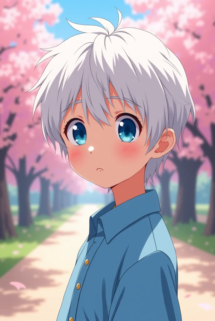 Make an image: Make a white-haired, white-skinned child, blue eyes and Japanese descent, gender man anime blue blouse