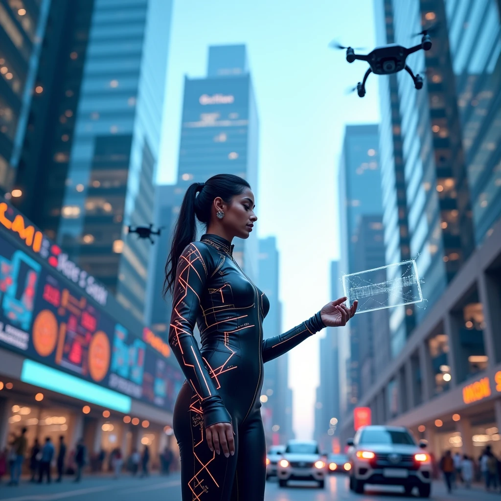 Create a highly detailed image of a futuristic tech hub, with sleek, modern architecture featuring tall glass buildings, advanced digital displays, and bustling activity. In the foreground, place a sophisticated AI-generated female model who embodies intelligence and modernity. She is dressed in a stylish, tech-inspired outfit with subtle digital elements integrated into her clothing, such as glowing lines or patterns. The model should be interacting with holographic interfaces or using a futuristic device, symbolizing her role as a key figure in this advanced technological environment. The background should include elements like autonomous vehicles, drones, and tech professionals collaborating, all under a bright, clear sky. INDIAN women