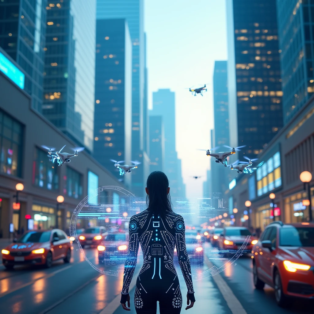 Create a highly detailed image of a futuristic tech hub, with sleek, modern architecture featuring tall glass buildings, advanced digital displays, and bustling activity. In the foreground, place a sophisticated AI-generated female model who embodies intelligence and modernity. She is dressed in a stylish, tech-inspired outfit with subtle digital elements integrated into her clothing, such as glowing lines or patterns. The model should be interacting with holographic interfaces or using a futuristic device, symbolizing her role as a key figure in this advanced technological environment. The background should include elements like autonomous vehicles, drones, and tech professionals collaborating, all under a bright, clear sky. INDIAN women