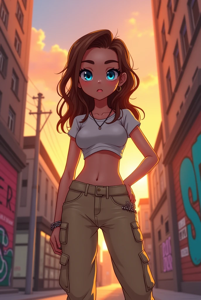 one , with slanted and blue eyes, brown hair with medium to long length ,com one calça cargo beje e um top. anime styling