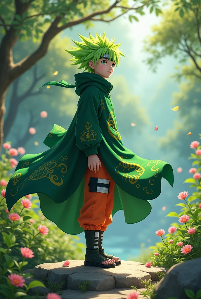 Naruto with green hair and a green cloak