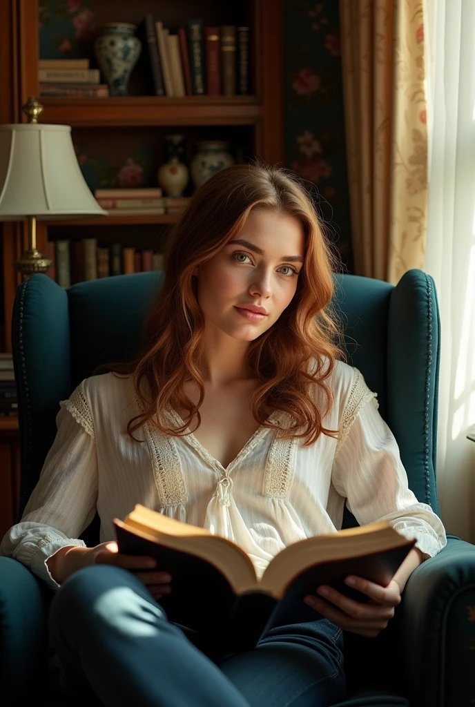 scene where the camera is pointing at a person reading, leaning in a photo pose 