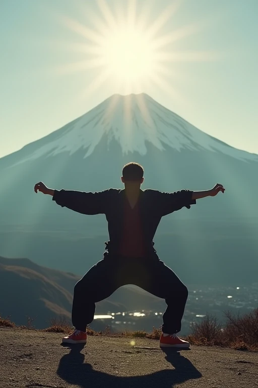 Japanese bboy executing a breakdance freeze in front of Mount Fuji, with the volcano in sharp focus and the background blurred, creating a cinematic atmosphere. The bboy's pose should convey strength and dynamism, contrasting with the serenity of the mountain. dramatic lighting, with sun rays hitting the bboy and Mount Fuji, Enhancing the Scene. Visual Style: アニメ, cinematographic, realisitic.