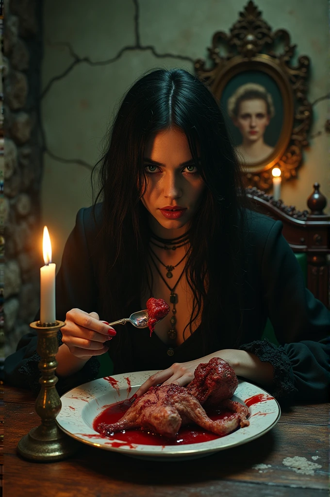 Create an image of a woman eating human remains 