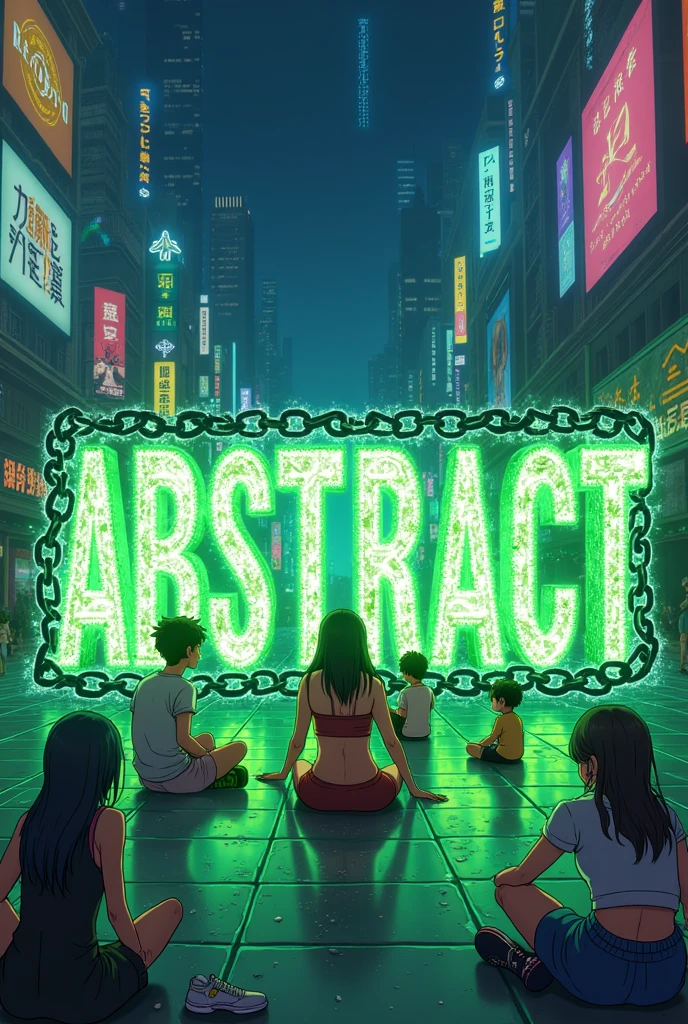 design the word ABSTRACT blockchain green with a chain in anime world with anime people sitting on the ABSTRACT