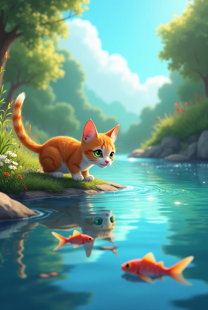 Cat crouched near a riverbank, focusing intently on the water. The river is clear, and you can see the shadows of fish swimming close to the surface. 3d animation Disney 