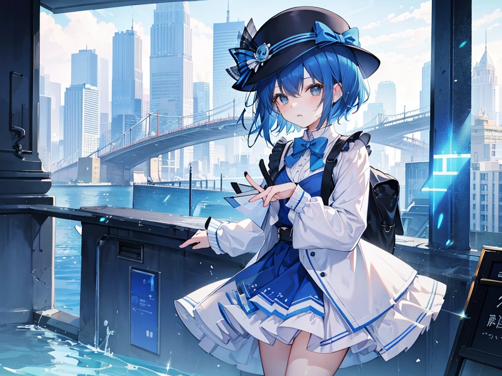 A detective girl with short blue hair wearing a hat。Her face was flushed.、She has a cute gesture。
