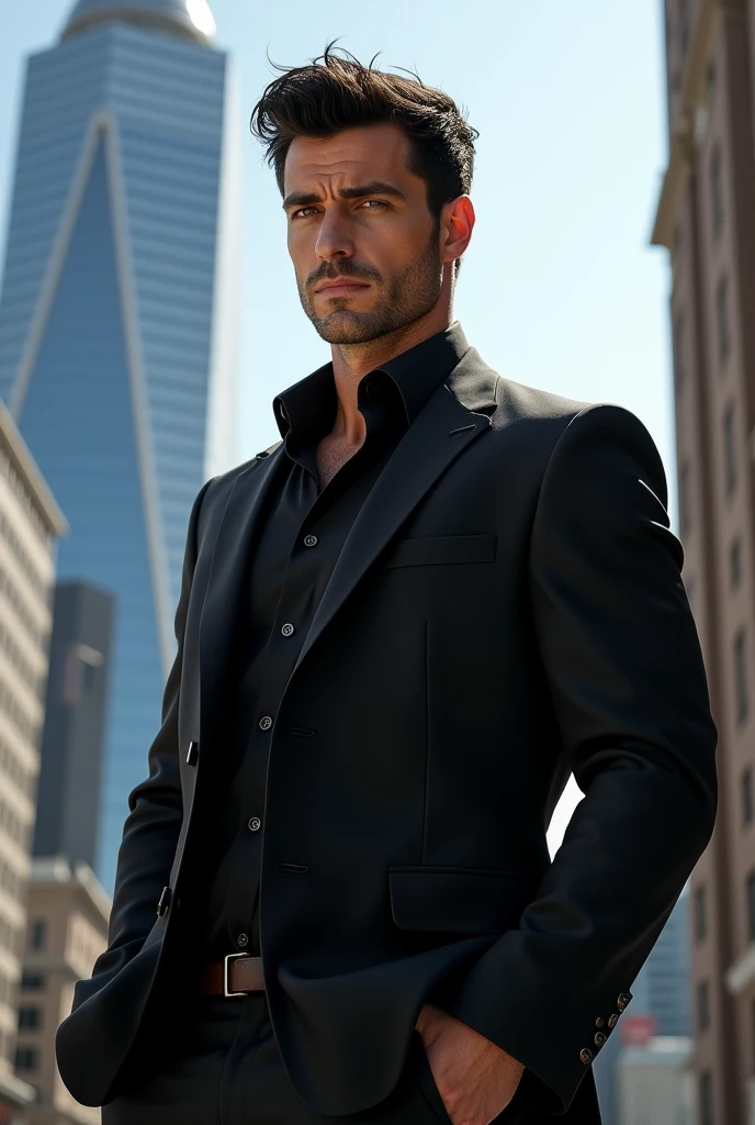 (photorealism:1.2), handsome man , black hair, grey eyes, high, muscular, black suit, serious