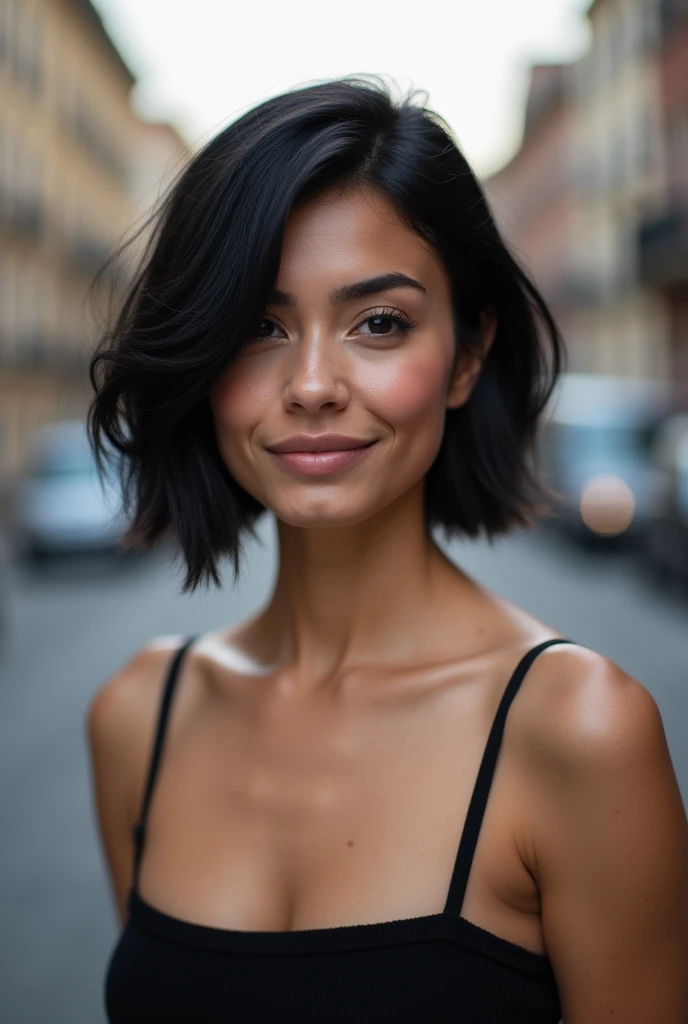 Portraits couleur d'une femme de trente cinq ans au cheveux noir  type européen à la peau très clair avec des tâches de rousseur coupé très court de façon asymétrique  coupe a la garçonne posant de face regardant droit devant elle dans un environnement urbain avec un éclairage neutre, with well-shaped and slightly plump lips and a typical but charming physique, She's wearing a black top with thin straps