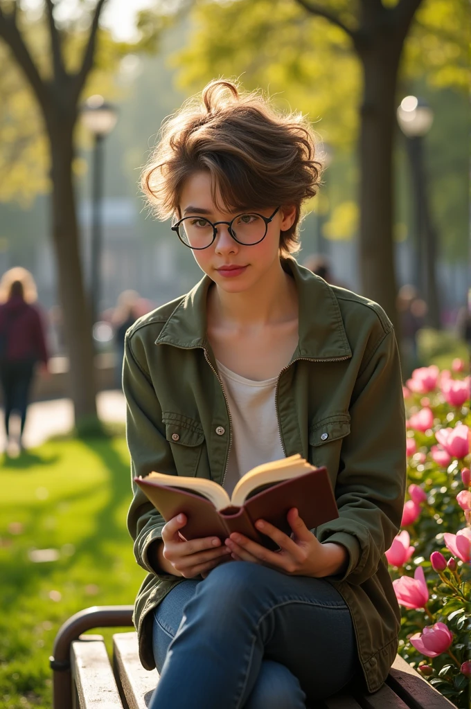 17 year old person, with waves in the hair, white, with glasses