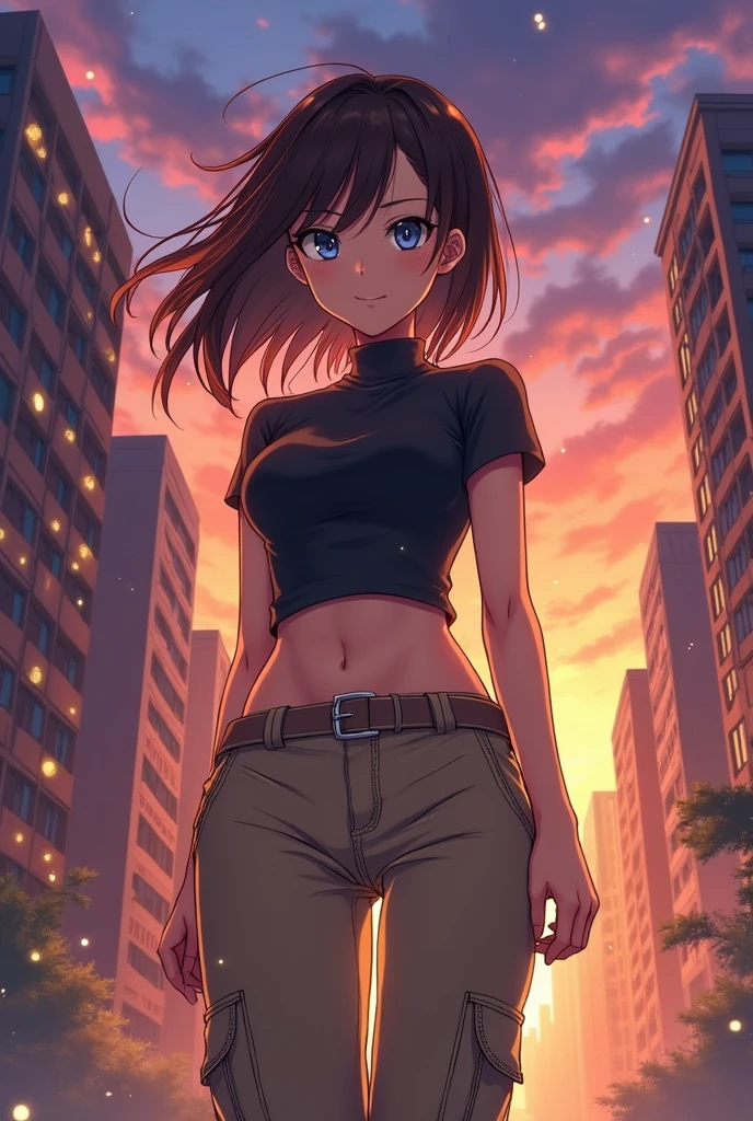one , with slanted and blue eyes, brown hair with medium to long length ,com one calça cargo beje e um top. estilo anime jujutsu kaisen