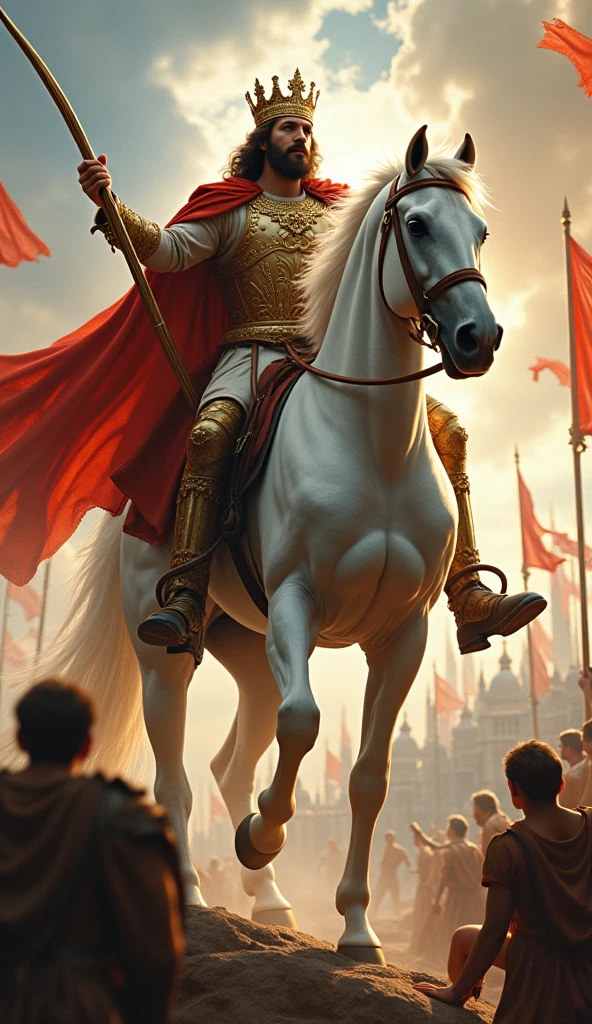 Close-up of the first Horseman of the Apocalypse, representing Conquest. He rides a majestic white horse, wearing a gleaming crown and holding a bow with a single arrow notched. His expression is one of determination and authority, his eyes focused on a distant, unseen goal. The background shows cities under his control, with banners flying and people kneeling in submission.