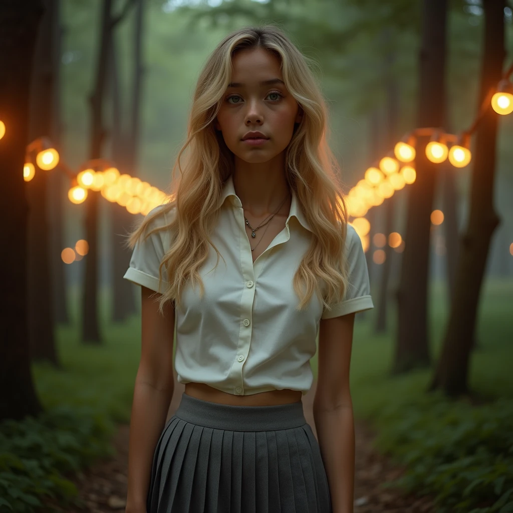 1 girl,medium , b cup breast, Warm lights、It looks cold outside the windowhe looks like japaneese and african ,almond-shaped eyes, full lips, big eyes, full lips, almond-shaped eyes, full lips, and prominent cheekbones, slim waist, fit body, wearing collared white shirt and pleated grey miniskirt, wavy long blonde hair, long blond cut hair, symmetrical green eyes, symmetrical face, photorealistic, photography, path tracing, specular lighting, volumetric face light, path traced hairmaximum quality{(masutepiece) (8K High Resolution) (top-quality) , woman in a dreamy forest at night, with fluffy hair, delicate face, realistic, real, slim, large aperture, sexy shots, attractive poses, Instagram model, wearing white yoga pants and gray top, tight yoga pants, long pants, cropped shirt, open navel, short sleeves, tight shirt, gray top, facing to the audience