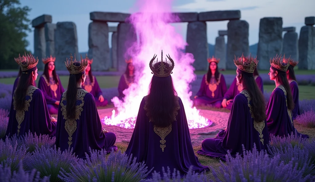 a dozen white, black, Indian women with exquisite violet velvet cloaks with golden threads of priestesses, and the arrangement of golden threads in the head, sitting around a very high bonfire meditating on the violet fire, In the lavender garden, convey depth, many plants, tall crystals, stonehange