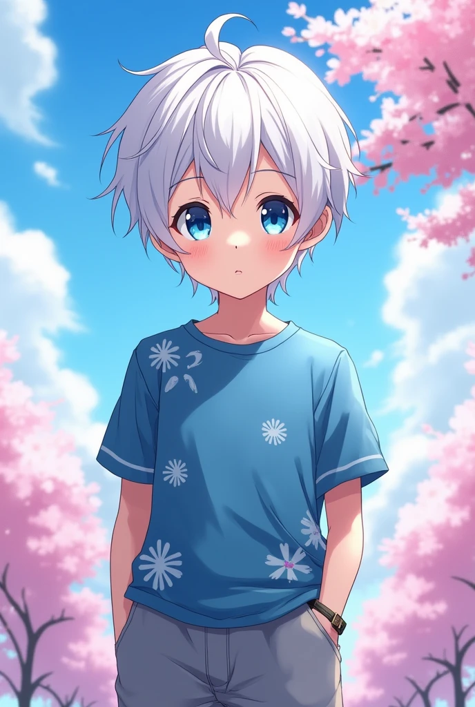 Make an image: Make a white-haired, white-skinned child, blue eyes and Japanese descent, male anime character wearing a blue shirt and gray pants