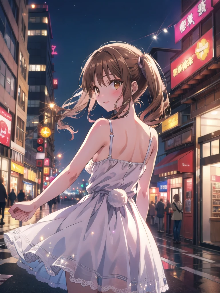 Yumi Fukuzawa、Shiny brown hair,Medium Hair, 、(( High Twintails、rabbit style)),Beautiful brown eyes、Sparkling eyes, fine grain、smile、Very fine eye、Very detailed顔, Very detailed目,Cowboy Shot、
(Photorealistic:1.4, 8k), Highest quality, masterpiece, 超High resolution, Perfect dynamic composition,Highest quality, Very detailed, Very delicate and beautiful, High resolution, Very detailedCG, masterpiece,
((Browsing Caution)),Semi-transparent thin camisole dress,(((Anime Style:2,Mature Woman,Shyness,18-year-old))),
Red face,Downtown street corner at night,passenger,(Areola),Put your arms behind your back,Expose
