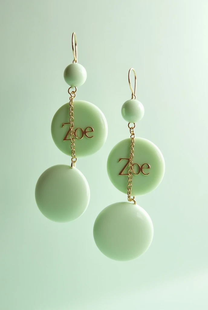 Create two earrings in a plain pastel pistachio green color, closed and open, with a chain inside, with the name ZOE in the Aire font.