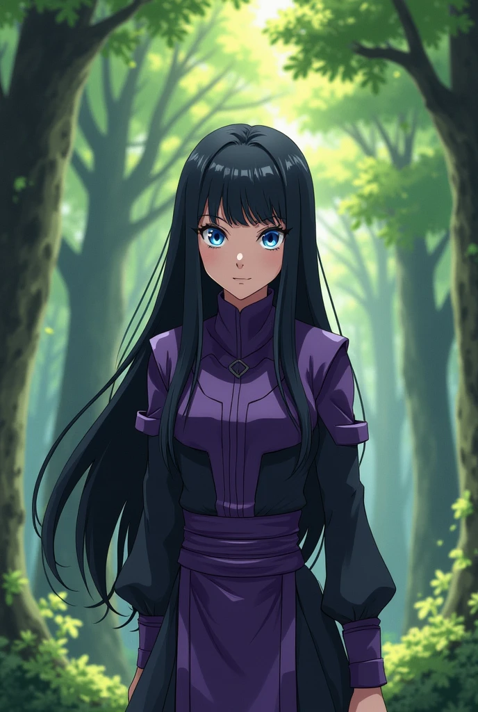 Screenshot, naruto anime style, A girl, medium height, blue eyes, long black hair loose, side bangs, purple and black ninja clothing, In a forest