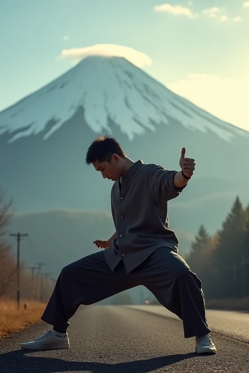 Japanese bboy executing a breakdance freeze in front of Mount Fuji, with the volcano in sharp focus and the background blurred, creating a cinematic atmosphere. The bboy's pose should convey strength and dynamism, contrasting with the serenity of the mountain. dramatic lighting, with sun rays hitting the bboy and Mount Fuji, Enhancing the Scene. Visual Style: アニメ, cinematographic, realisitic.