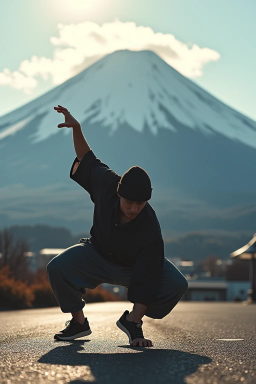 Japanese bboy executing a breakdance freeze in front of Mount Fuji, with the volcano in sharp focus and the background blurred, creating a cinematic atmosphere. The bboy's pose should convey strength and dynamism, contrasting with the serenity of the mountain. dramatic lighting, with sun rays hitting the bboy and Mount Fuji, Enhancing the Scene. Visual Style: アニメ, cinematographic, realisitic.