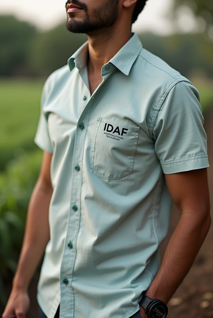 Create the design of a short-sleeved social shirt with the IDAF logo, name Renato Trigueiro and function Agricultural Technician. Only do the shirt with the front part, and take the back part off the man.