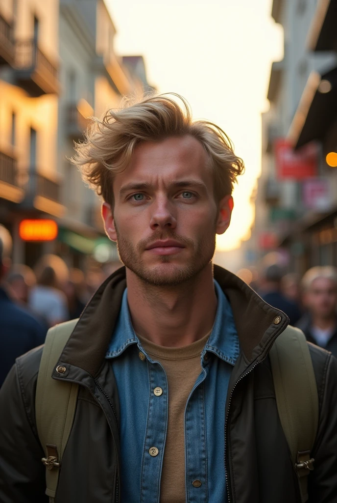 31 year old blond man with light blue eyes, And big nose