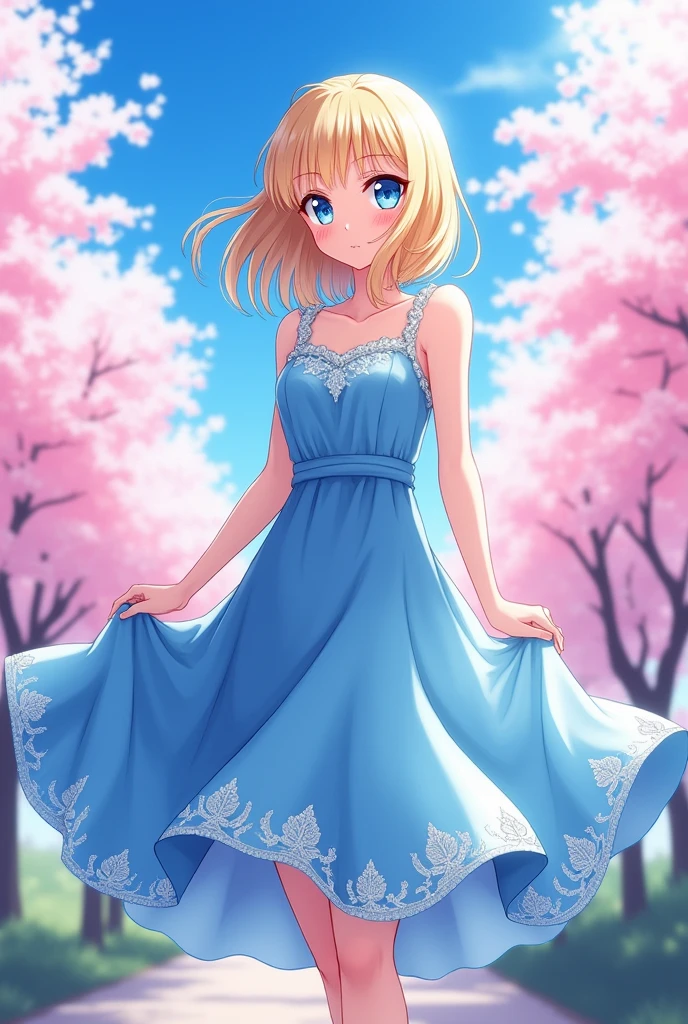 A blonde with hair that reaches her shoulders, beautiful blue-eyed girl. she wears a blue dress. Create in anime style and with a full body