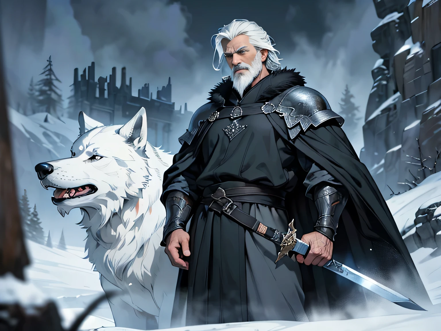 ((Best quality)), ((masterpiece)), ((realistic cartoon)), ((perfect character)):

In this stunning and highly detailed realistic cartoon, we present a Man of the North. The man stands tall, standard Northern aesthetic, but with a few twists, his outfits also include some black, to match the color of the animal fur black cloak he wears. His face is adorned with a medium, white beard, adding to his wise and aged appearance.

With a majestic European greatsword that carries on his back and a black Direwolf beside him, this man exudes a fearsome warrior aura.

Every element of this masterpiece is carefully designed to create a sense of realism and immersion. The intricacies of the man's clothing, the mesmerizing effects of the area around him and he was in Winterfell, and the level of detail in his weathered face all contribute to a captivating visual experience. This artwork is presented in stunning UHD resolution, allowing you to appreciate every nuance and intricacy in breathtaking detail.

Eye level, scenic, masterpiece.