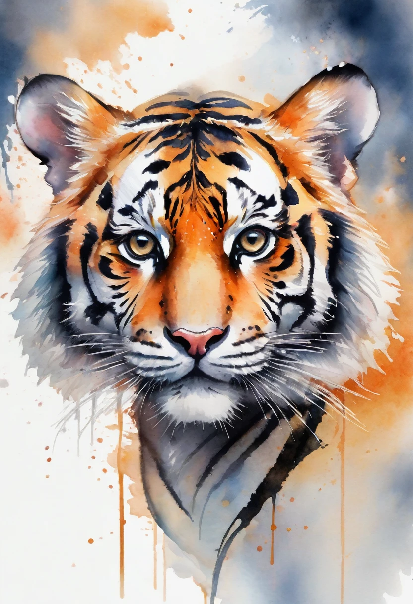 a tiger head, half side view, sideeye nach oben, soft watercolor, 8k resolution, soft, soft, dripping paint, white background, soft watercolor painting,