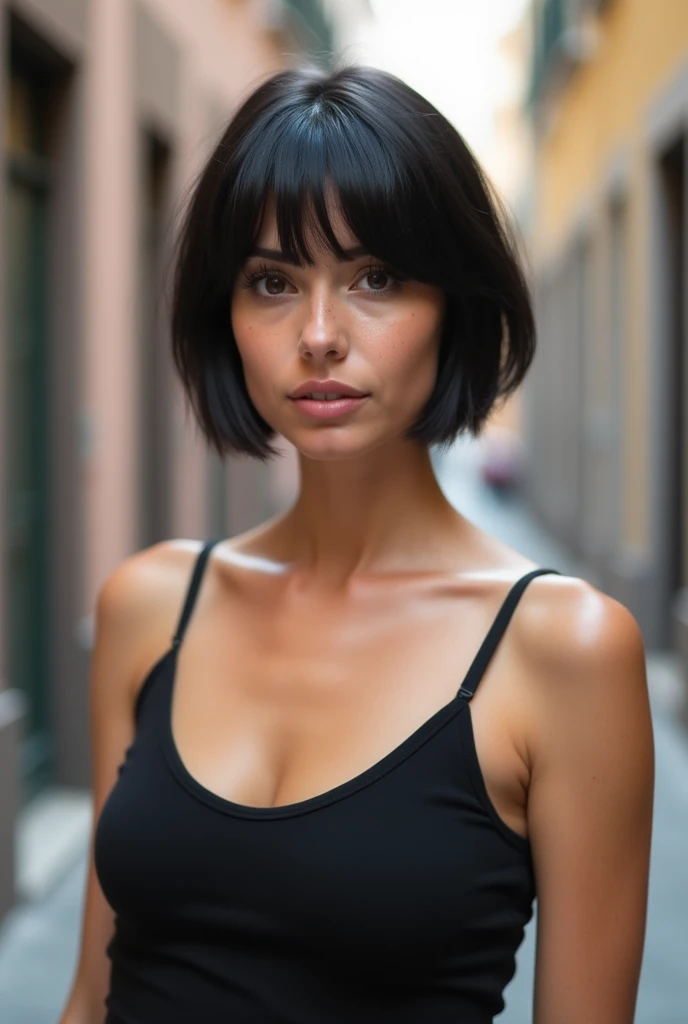 Portraits couleur d'une femme de trente cinq ans au cheveux noir type européen à la peau très clair avec des tâches de rousseur coupé très court de façon asymétrique coupe a la garçonne posant de face regardant droit devant elle dans un environnement urbain avec un éclairage neutre, with well-shaped and slightly plump lips and a typical but charming physique, She's wearing a black top with thin straps