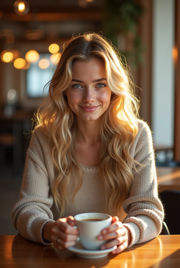 Beautiful blonde wearing beige sweater (drinking coffee in a modern cafe at sunset), very detailled, 21 years old, inoccent face, natural wavy hair, blue colored eyes, high resolution, work of art, best qualityer, details Intricate, highy detailed, sharp focus, skin detailed, realisitic skin texture, texture, detailedeyes, proffesional, 4K, charming smile, shot in Canon, 85mm, Shallow depth of field, Cores Kodak Vision, perfect shape body, extremely detaild, photoshot_\(ultra\), photorealisitic, realisitic, Post-processing, Maximum details, roughness, real-life, ultra realisitic, photoshotrrealismo, photoshotgrafia, 8k hd, photoshotgrafia