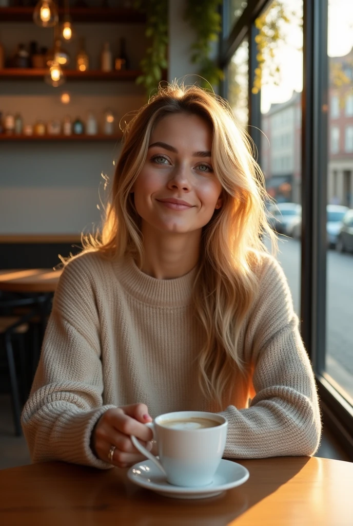 Beautiful blonde wearing beige sweater (drinking coffee in a modern cafe at sunset), very detailled, 21 years old, inoccent face, natural wavy hair, blue colored eyes, high resolution, work of art, best qualityer, details Intricate, highy detailed, sharp focus, skin detailed, realisitic skin texture, texture, detailedeyes, proffesional, 4K, charming smile, shot in Canon, 85mm, Shallow depth of field,  Cores Kodak Vision, perfect shape body, extremely detaild, photoshot_\(ultra\), photorealisitic, realisitic, Post-processing, Maximum details, roughness, real-life, ultra realisitic, photoshotrrealismo, photoshotgrafia, 8k hd, photoshotgrafia