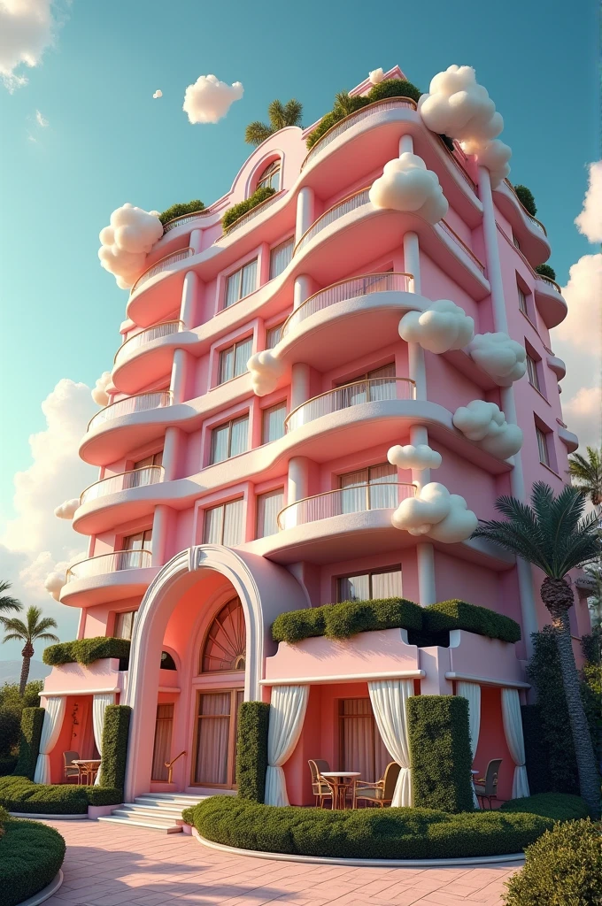 A pink luxry hotel with some cloud desighn