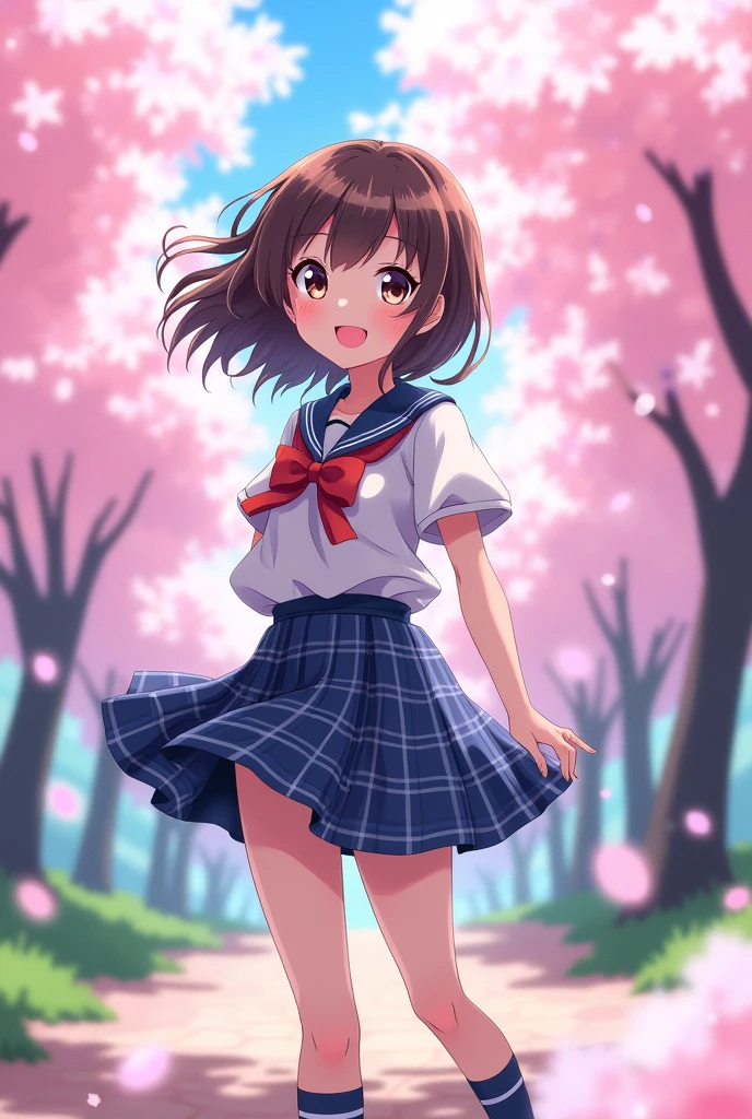 Anime girl with school skirt and blue striped panties 