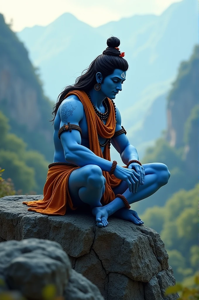 Understood, here is the rewritten prompt for generating a 3D image of Lord Shiva with blue skin, an orange muffler, lion skin, and a beautiful background, sitting on a rock in deep thought:
"Create a high-quality (HD) 3D image of Lord Shiva, incorporating his iconic features such as blue skin, an orange muffler, and a lion skin around his waist. In this scene, Lord Shiva should be portrayed sitting on a rock, lost in his own thoughts, while surrounded by a tranquil and beautiful background. Additionally, include details of his rudhraksh beads and the jathaadhari hairstyle."