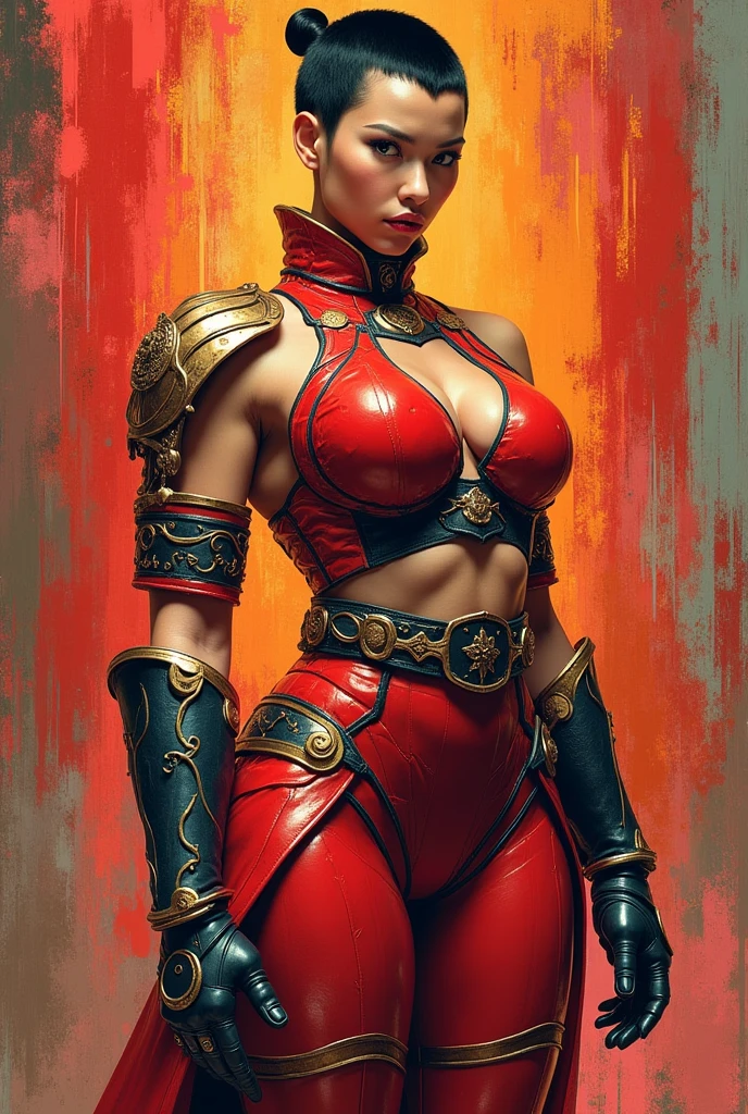 Location, Very short close-cropped hair Woman in Chun Li cosplay armor, womanish, Incredibly Small Tiny Waist Stomach, The circumference of the lower limbs far exceeds 80 inches of the hips., She has enormously immense hip measurements, with the biggest buttocks in the world, Location random, intense detail, Daring leggings, Hyper realistic, A heavy background, Upper part of the body, Voluptuous lower body, female figure, Portraits, Reductionist form, womancore, Bold lines, In the style of Mike Campau, Iris Van Herpen, Howard Schatz, Russo-Occidental, A lower physical goddess,massive breasts