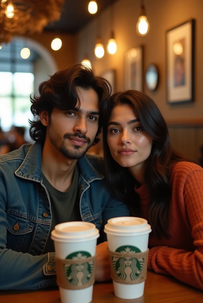 A 21 years old indian handsome boy with medium long hair and seating with his 20 years old beautiful and fair indian girlfriend and both are seeting on a table with their starbucks coffee and taking selfie and both are not smiling