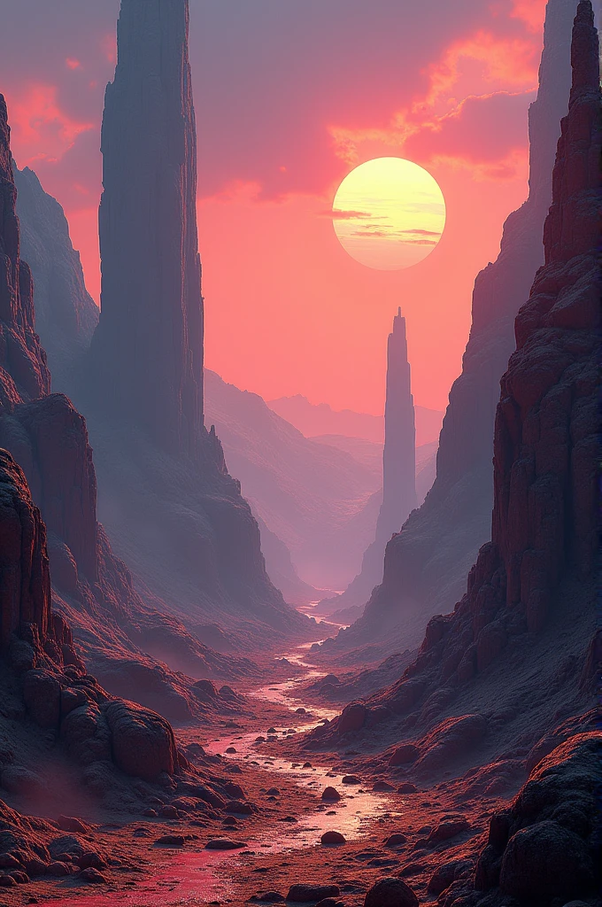 A distant planet with three suns, each casting a different-colored light on the rocky terrain. In the distance, you can see a group of massive, ancient structures that seem to defy gravity. As you explore, you begin to realize that you're not alone on this strange planet.